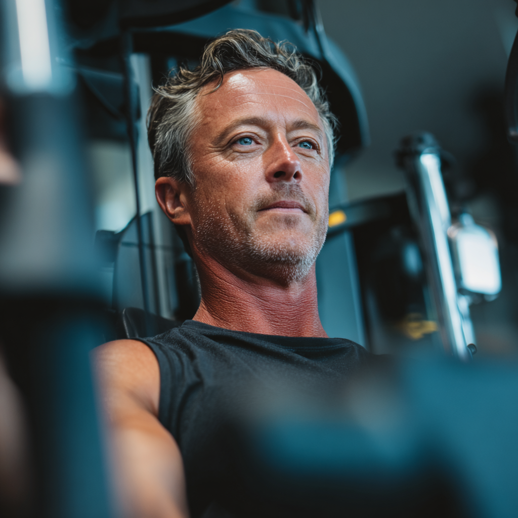 Middle-aged fitness enthusiast exercising with professional equipment