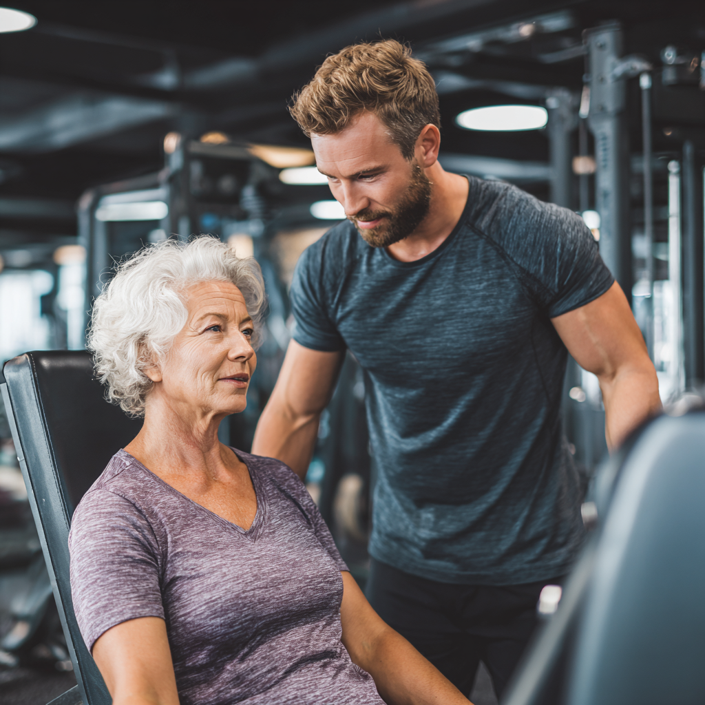 Professional fitness trainer working with mature adult in modern gym